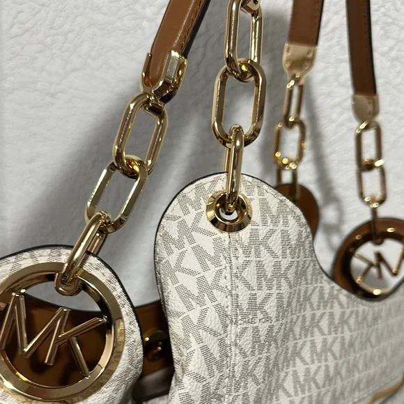 Michael Kors Large Chain Shoulder Tote “Lillie” White and Brown - Picture 6 of 7